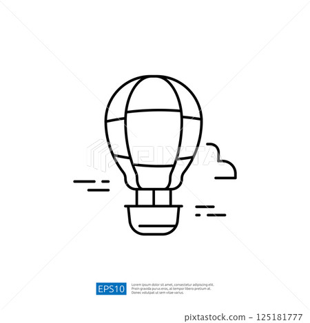 A simple line drawing of a hot air balloon floating in the sky, accompanied by a few stylized clouds. The design emphasizes leisure and travel. A simple line drawing of a hot air balloon floating in the sky, accompanied by a few stylized clouds. The design emphasizes leisure and travel. 125181777