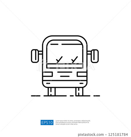 A simple line drawing of a bus, showcasing its front view with windows and wheels, representing public transport. A simple line drawing of a bus, showcasing its front view with windows and wheels, representing public transport. 125181784