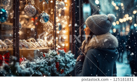A woman in a warm hat and coat stands outside a shop window. The window is decorated with Christmas ornaments, lights, and greenery. It is snowing and the city lights are visible in the background. 125181831
