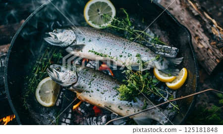 Fresh trout is grilled with lemon and herbs over an open fire, surrounded by smoke and a rustic campsite setting. 125181848