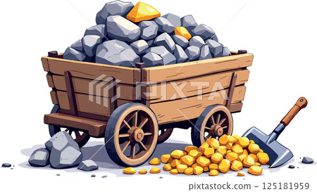 Wooden cart carrying rocks and gold nuggets with shovel on white background 125181959