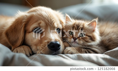 golden retriever puppy and a fluffy kitten 125182008