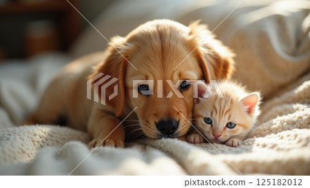golden retriever puppy and a fluffy kitten 125182012