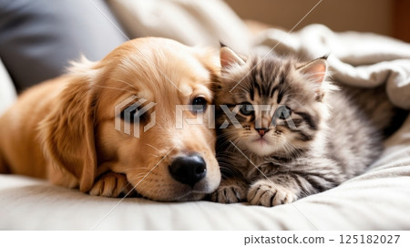 golden retriever puppy and a fluffy kitten 125182027