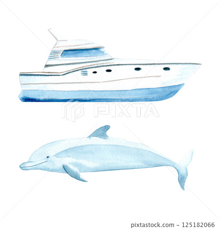 Yacht watercolor illustration isolated on white. Hand painted clip art perfect for for cards, banners, advertisements, invitations, guides, maps and books. Travel, voyage design. Blue white monochrome 125182066