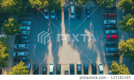 Top view showcasing densely parked cars in a crowded lot surrounded by trees during daylight 125182165