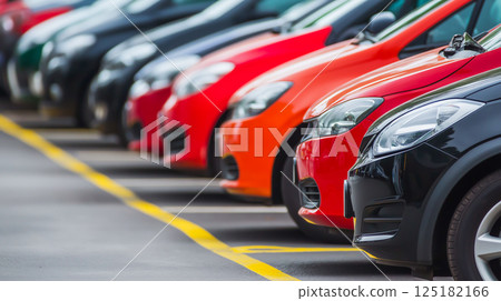 Vibrant lineup of cars parked neatly in a spacious lot during a sunny afternoon 125182166