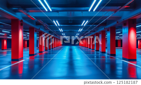 Vibrant empty parking lot with colorful lighting and distinctive architectural features 125182187