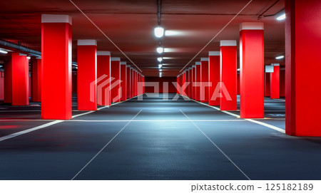 Empty parking lot with vibrant red columns and bright lighting at night in a modern urban setting 125182189