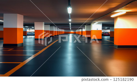 Spacious empty parking lot with bright lighting and vivid orange accents 125182190