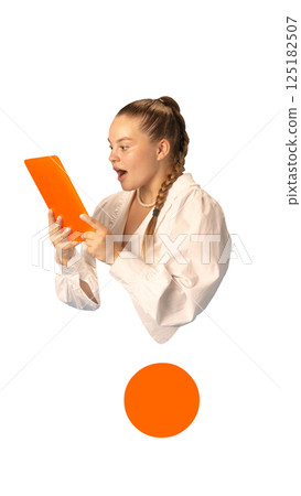 Modern collage artwork. Excited girl using tablet inside orange period shape, expressing joy of interaction. Modern collage artwork. Excited girl using tablet inside orange period shape, expressing joy of interaction. 125182507