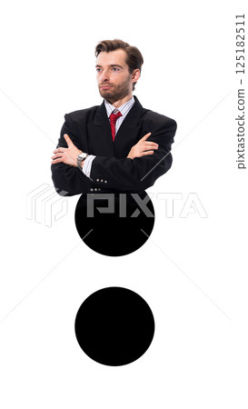 Contemporary art collage. Confident businessman inside semicolon shape showing reserved posture and control. Contemporary art collage. Confident businessman inside semicolon shape showing reserved posture and control. 125182511