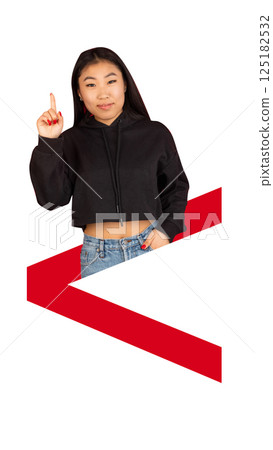 Contemporary composite image. Confident girl inside bold greater-than sign pointing upward, expressing confidence and leadership. 125182532