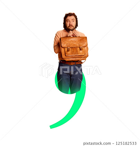 Conceptual design collage. Nervous man with leather bag inside comma shape representing hesitation and emotional tension. Conceptual design collage. Nervous man with leather bag inside comma shape representing hesitation and emotional tension. 125182533