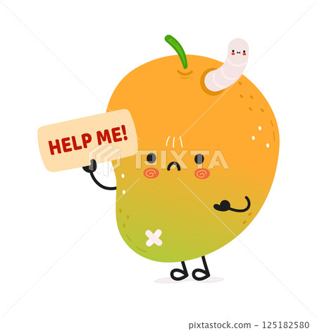 A cartoon Mango fruit character holding a help sign with a worm inside it, needing assistance. 125182580