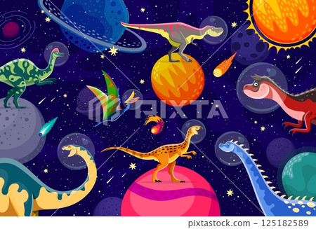 Dinosaur astronaut characters on alien space planets in galaxy, cartoon vector background. Funny prehistoric lizards in outer space, Jurassic dinosaur spaceman and lizard astronaut with planets in sky Dinosaur astronaut characters on alien space planets in galaxy, cartoon vector background. Funny prehistoric lizards in outer space, Jurassic dinosaur spaceman and lizard astronaut with planets in sky 125182589