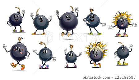 Groovy bomb characters of retro round black boom emojis with burning wicks and sparks. Vector psychedelic groovy bombs or exploding grenade personages waving hand, showing tongue and victory sign 125182593
