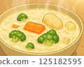 Warm cream stew, steam rising from it 125182595