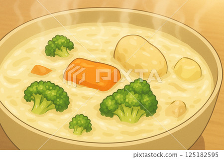 Warm cream stew, steam rising from it 125182595