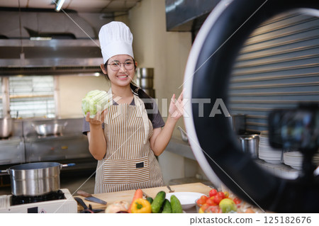 Food vlogger filming a cooking video in professional kitchen studio. 125182676