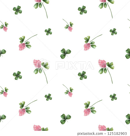 Seamless clover pattern with green leaves. Watercolor pattern, hand drawn, on a white background. Botanical illustration of field herbs and flowers. Meadow plants. For decor, wedding, cards, printing 125182903
