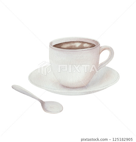 Watercolor illustration of a white cup of coffee on a saucer with a teaspoon. Isolated on a white background. Ideal for coffee lovers, food blogs, cafes, menus, restaurants. 125182905