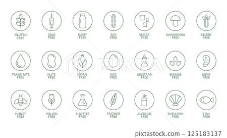 Allergen free food icon set. Gluten, dairy, soy, nut, and sugar free symbols. Clean line style for labels or packaging. Non gmo. Ecology badges. Vector illustration 125183137