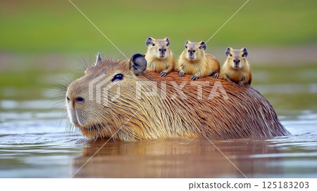 Capybara swims in tranquil waters with tiny companions on its back 125183203