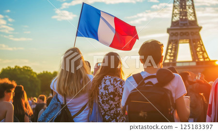 Celebrating Bastille Day at the Eiffel Tower with friends waving the French flag during sunset 125183397