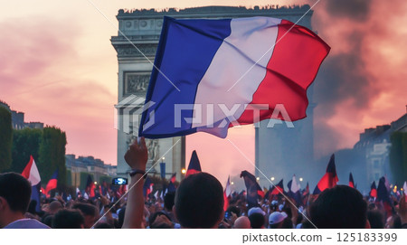 Celebration of Bastille Day at the Arc de Triomphe with French flags waving during sunset Celebration of Bastille Day at the Arc de Triomphe with French flags waving during sunset 125183399