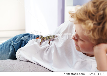 Young boy interacts with a leopard gecko at home while lying on a couch in the afternoon sunlight 125183415