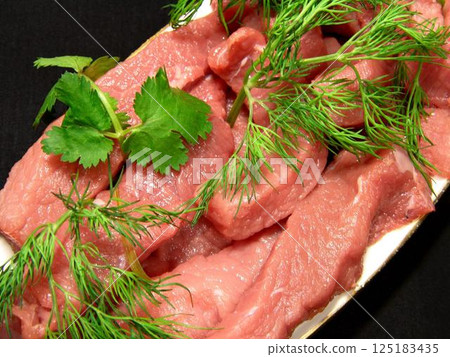 Raw uncooked meat with greens on a plate close view background Raw uncooked meat with greens on a plate close view background 125183435