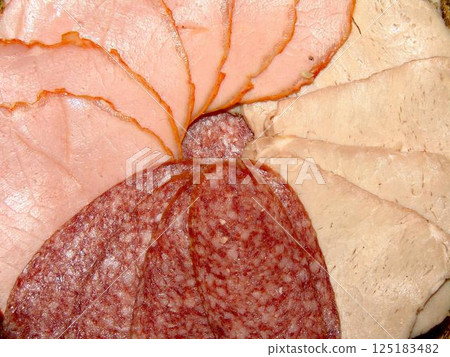 Slices of sausage and ham on a plate close view background Slices of sausage and ham on a plate close view background 125183482