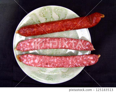 Sausage on a plate close view background Sausage on a plate close view background 125183513