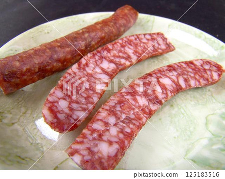 Sausage on a plate close view background 125183516