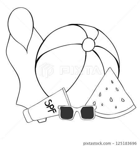 Swimsuit, summer ball, SPF cream, sunglasses, watermelon slice composition. Vector graphic line ink illustration. Bright elements of party Summer. Essentials set for beach. Swimsuit, summer ball, SPF cream, sunglasses, watermelon slice composition. Vector graphic line ink illustration. Bright elements of party Summer. Essentials set for beach. 125183696