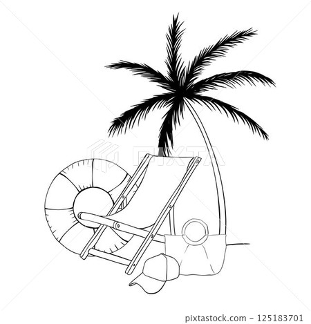 Beach palm tree, cap, bag, chair composition. Vector graphic line ink illustration. Chaise lounge on a beach illustration for package, vacation design, fabric and textile. Beach palm tree, cap, bag, chair composition. Vector graphic line ink illustration. Chaise lounge on a beach illustration for package, vacation design, fabric and textile. 125183701