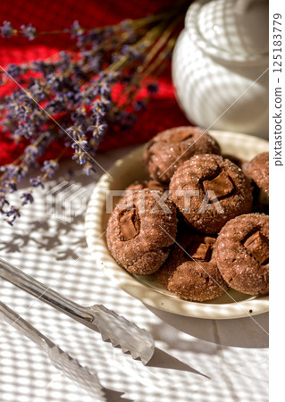 Coffee cookies with chocolate. Delicious homemade dessert. 125183779