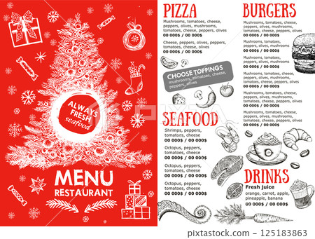Christmas and New Year menu cafe. Template design. Hand drawn illustrations. Christmas and New Year menu cafe. Template design. Hand drawn illustrations. 125183863