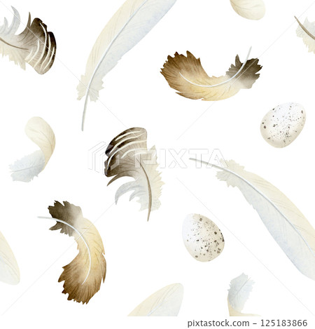 Simple falling feathers watercolor seamless pattern with white and brown goose chicken down. Cute hand drawn bird background for monochrome farm and Easter designs 125183866
