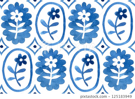 classic watercolor pattern with blue frames and flowers. retro print for wallpaper and textiles	 125183949