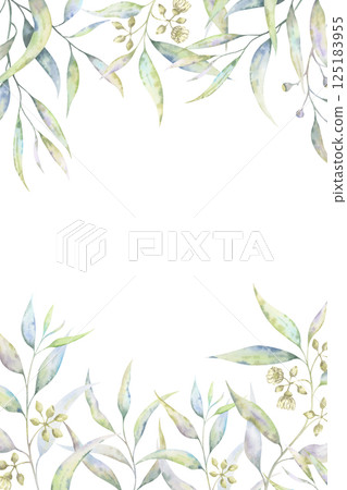Watercolor eucalyptus floral frame. Delicate botanical template with blooming branches in muted tones. Perfect for invitations, greeting cards, cosmetic packaging, and stationary Watercolor eucalyptus floral frame. Delicate botanical template with blooming branches in muted tones. Perfect for invitations, greeting cards, cosmetic packaging, and stationary 125183955