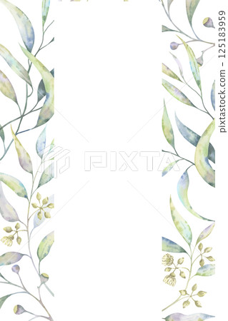 Watercolor eucalyptus wedding invitation card adorned with hand-painted delicate branches. Airy illustration perfect for festive arrangements, stationery, romantic events in any language Watercolor eucalyptus wedding invitation card adorned with hand-painted delicate branches. Airy illustration perfect for festive arrangements, stationery, romantic events in any language 125183959