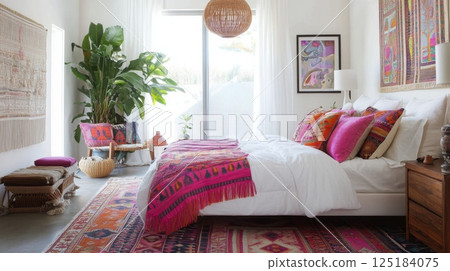 A bright and airy bedroom with white walls and white linens. A large plant stands in the corner, and a woven rug covers the floor. The bed is adorned with colorful pillows and a throw blanket. 125184075