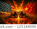 兩隻拳頭撞擊燃燒的美國國旗和中國國旗(美國對中國)的插圖 兩隻拳頭撞擊燃燒的美國國旗和中國國旗(美國對中國)的插圖 125184090
