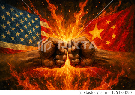 兩隻拳頭撞擊燃燒的美國國旗和中國國旗（美國對中國）的插圖 125184090