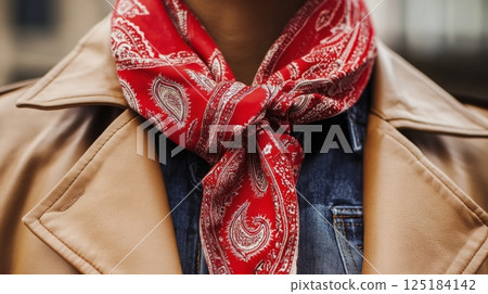 The vibrant red paisley scarf adds a pop of color to the stylish brown leather jacket worn in a city environment. 125184142
