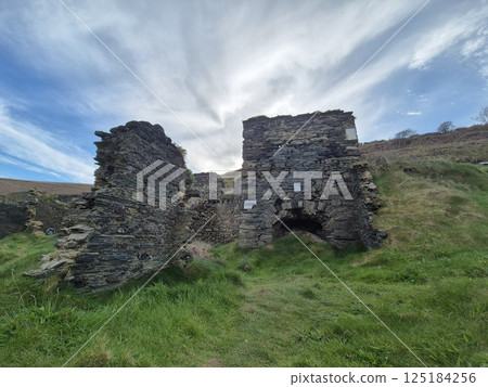 Old Castle Ruins Surrounded By Meadows and Green Fields 125184256