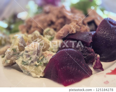 Fresh Vegetable and Meat Salad Close View Background Fresh Vegetable and Meat Salad Close View Background 125184278
