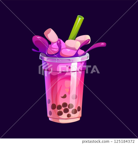 Cartoon milk bubble tea glass. Vector vibrant purple and pink drink with tapioca boba pearls in a transparent plastic cup, topped with a green straw, marshmallows and splashes of sweet liquid beverage 125184372